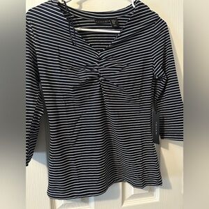 Tahari Womens Top Size XS Navy Blue Striped Ruched Front V-Neck Pullover Tee